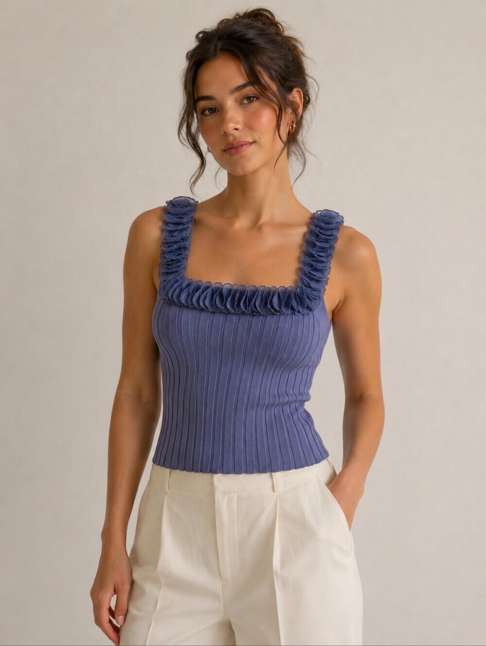 VINTAGE silk periwinkle ribbed tank with rosette accents - size small